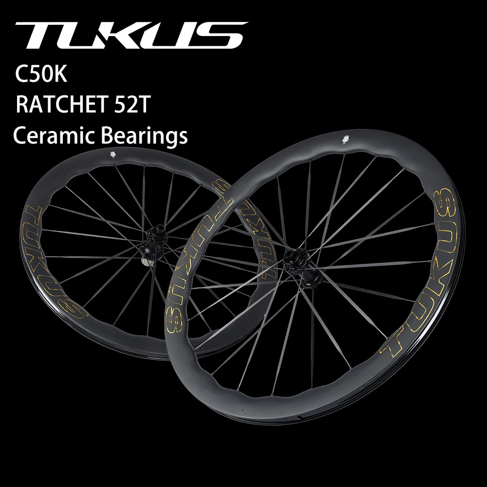 

Tukus Wheelset Disc Brake Wheels 700c Bicycle Wheelsets Black Gold Big Wave Road Bike Wheelset Carbon fiber spoke RATCHET 52T