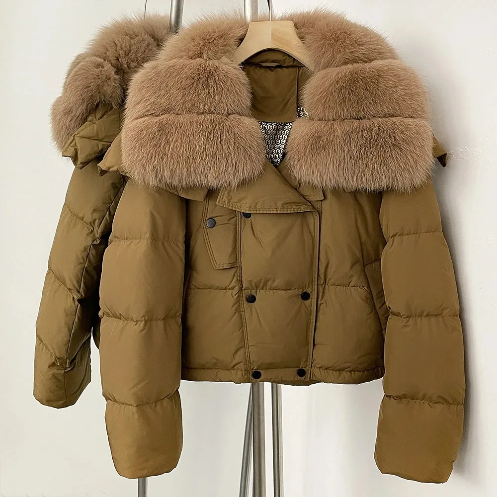 가을 겨울 화이트 2025 덕다운 코트 여성용 따뜻한 두꺼운 숏 패딩 재킷 더블 브레스티드 아우터웨어 여성용 신상 리얼 퍼 코트