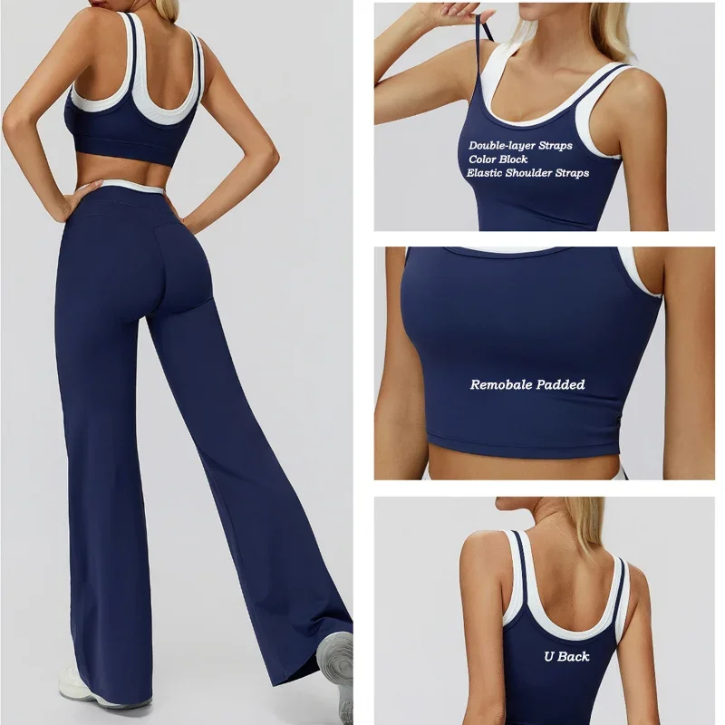 VITALINOVO Women 2 Piece Workout Sets Color Block Sports Bra Tank Tops Matching High Waist Wide Leg Pants Women Gym Outfit Sets