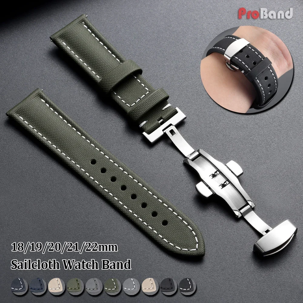 18/19/20/21/22mm Business Sailcloth Watch Strap for Omega for Seiko Butterfly Buckle Bracelet Quick Release Leather Watchband