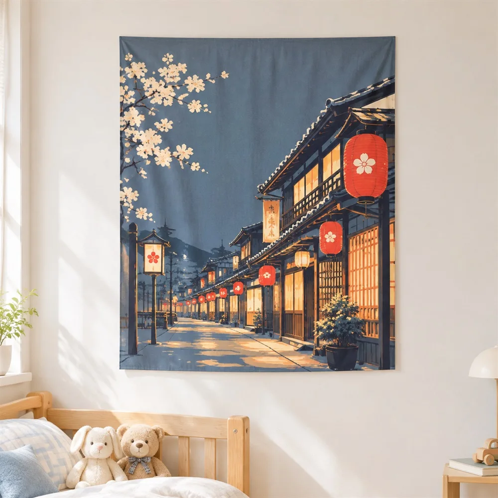 VIKAMA Japanese Street Night Tapestry Wall Hanging, City Scene Wall Art, Japanese Decor for Living Room Bedroom Study Entryway