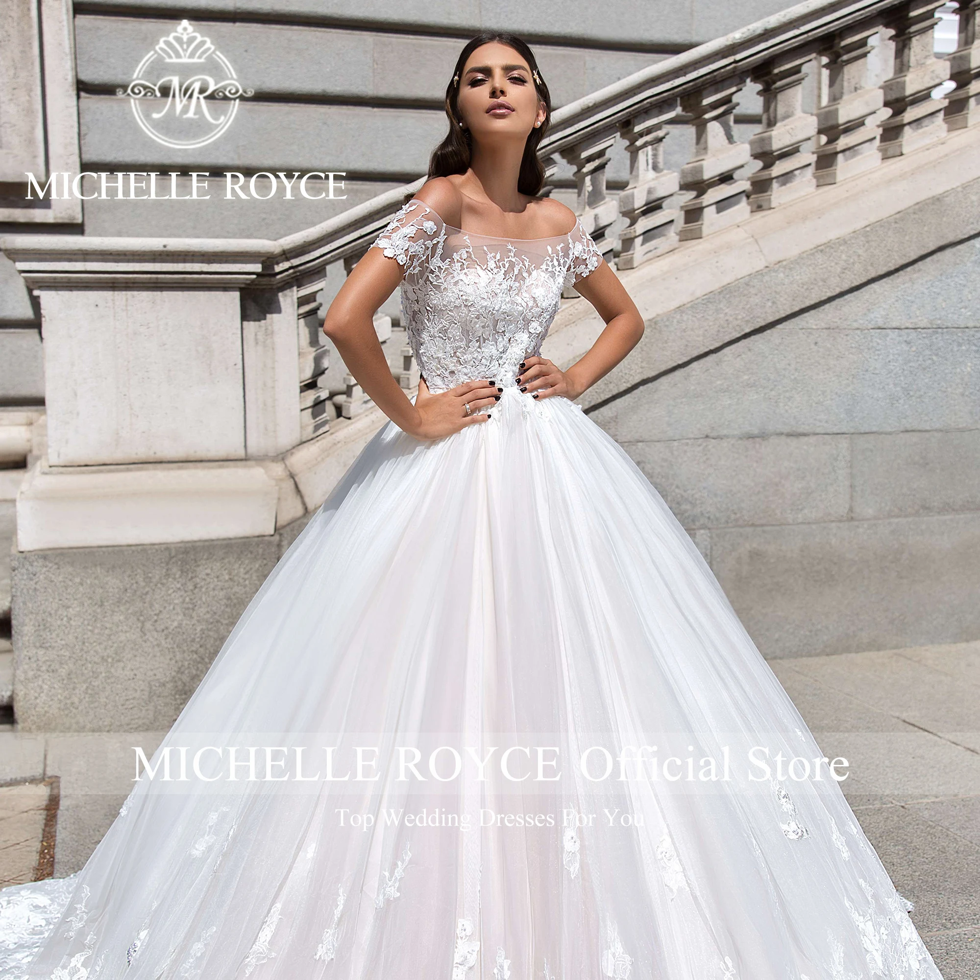 Michelle Royce-vestido De Novia De manga corta con cuello De barco para mujer, traje De boda con apliques, 2024