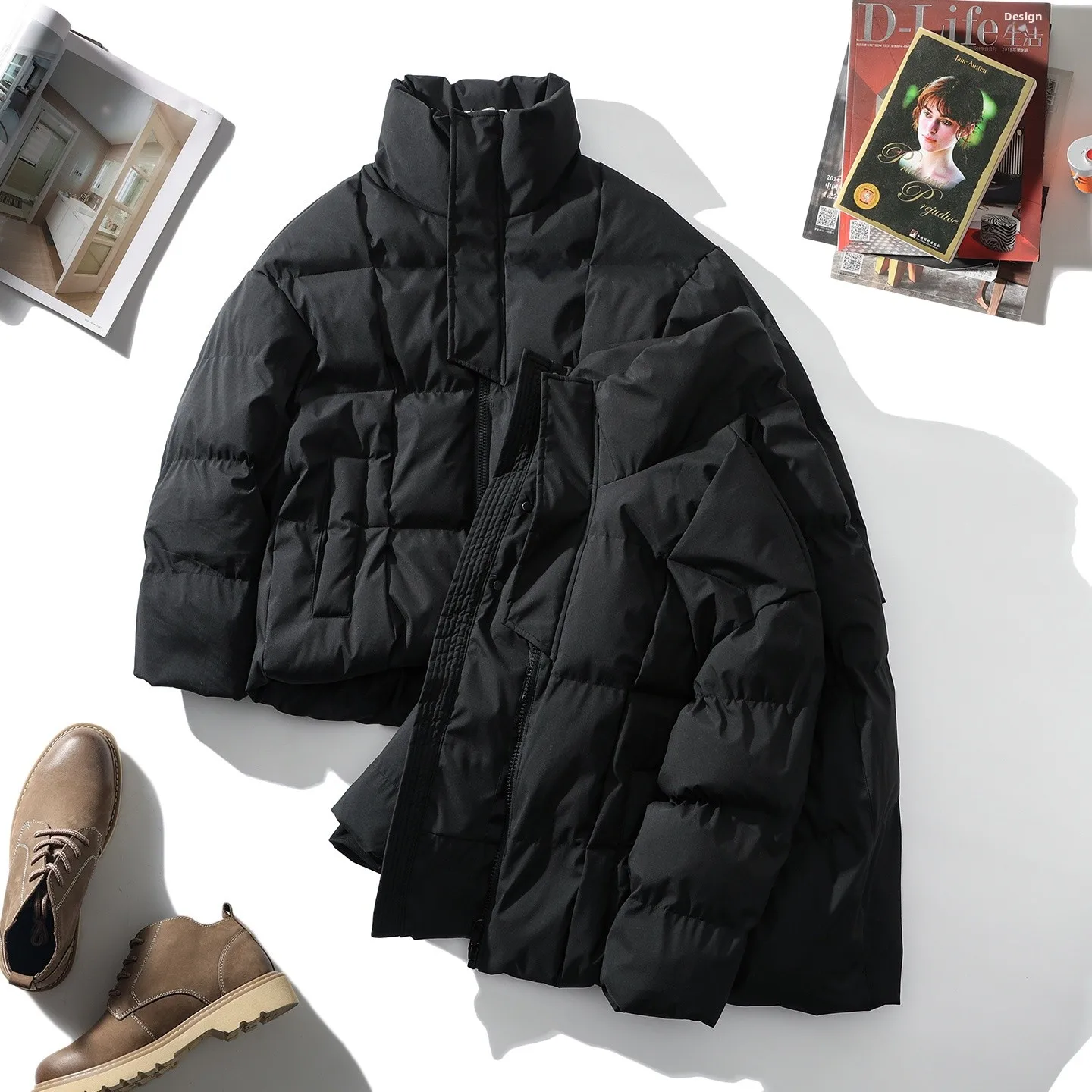 Kurtka męska zimowa z bawełny Thiened, stójka, na zewnątrz, rekreacyjna, nowa, z zamkiem błyskawicznym, ciepła, długa, jednolita.