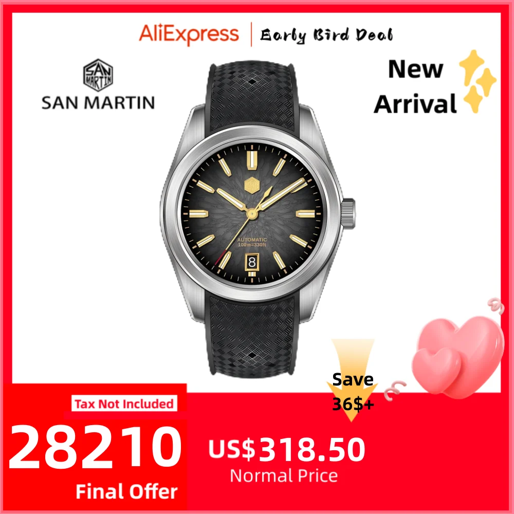 

San Martin 36/39/42mm GADA JianZhan Men Watch Automatic Curved End Links Version FKM Rubber Strap BGW-X1 Dress SN0144GS/X/L-3