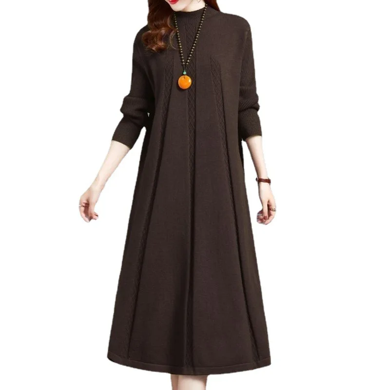 Herbst Winter Frauen Grundlegende Gestrickte Kleider Elegante Hälfte Rollkragen Solide Lange Hülse Lose Pullover Lange Kleid Weibliche Basis Shirt