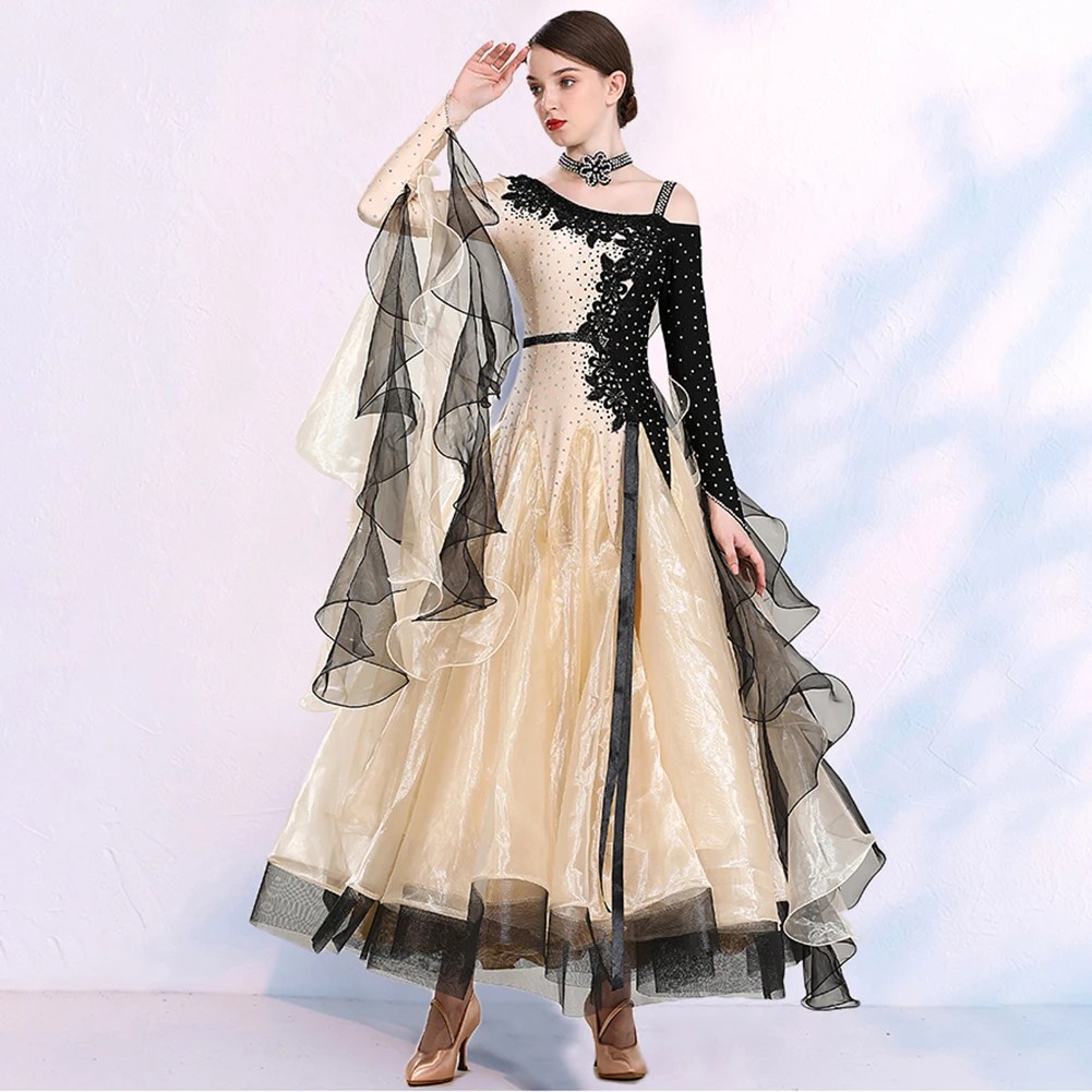 فستان رقص الفالس بأكمام طويلة، فستان أحمر أصفر، شريط، فستان رقص قاعة الرقص، فستان أزرق بحيرة للحفلات الراقصة عالي الجودة