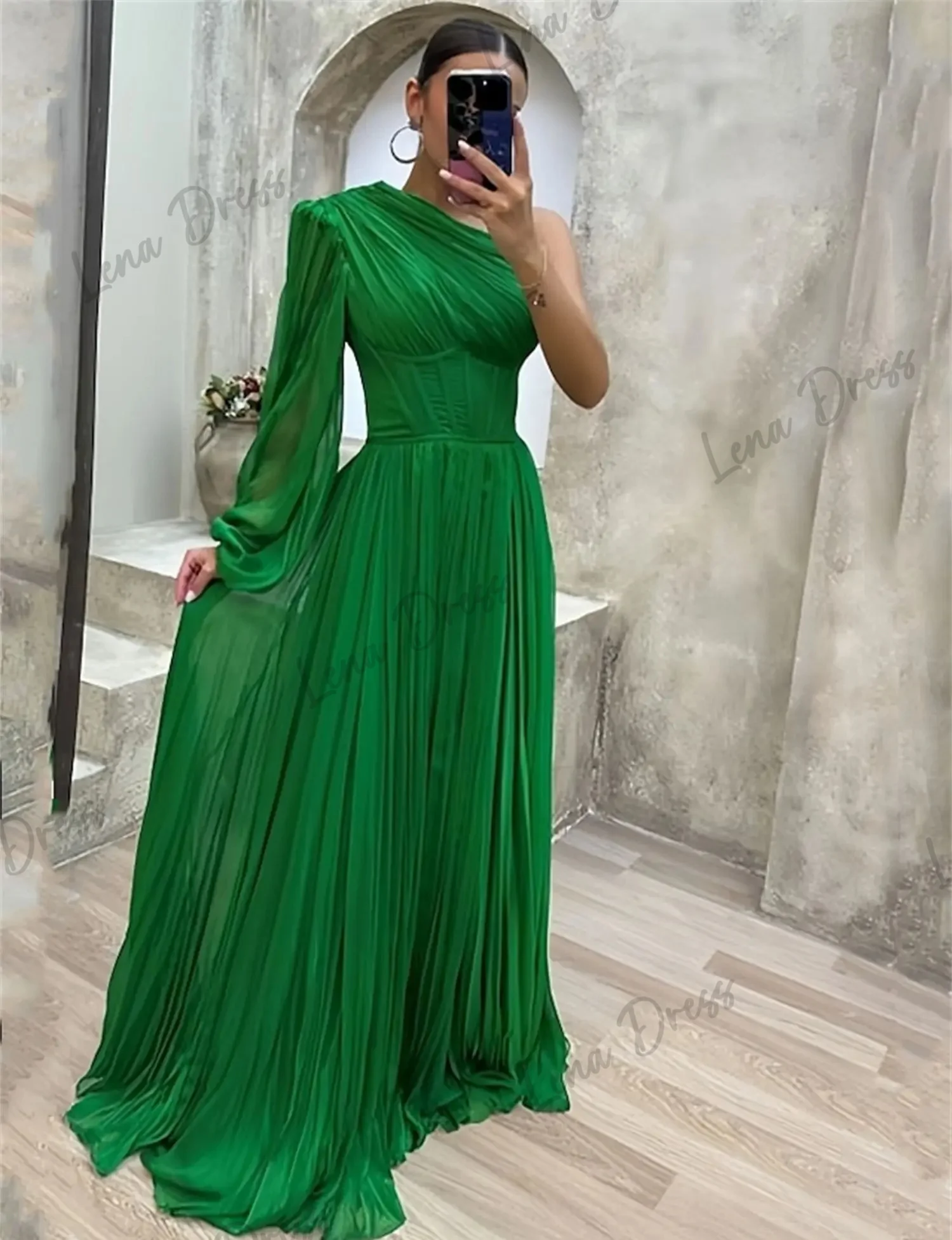 2024 Women\'s Wedding Guest Dress Elegant Yellow Evening Dress Luxury Chiffon One Shoulder Full Sleeve Long Style Suitable for