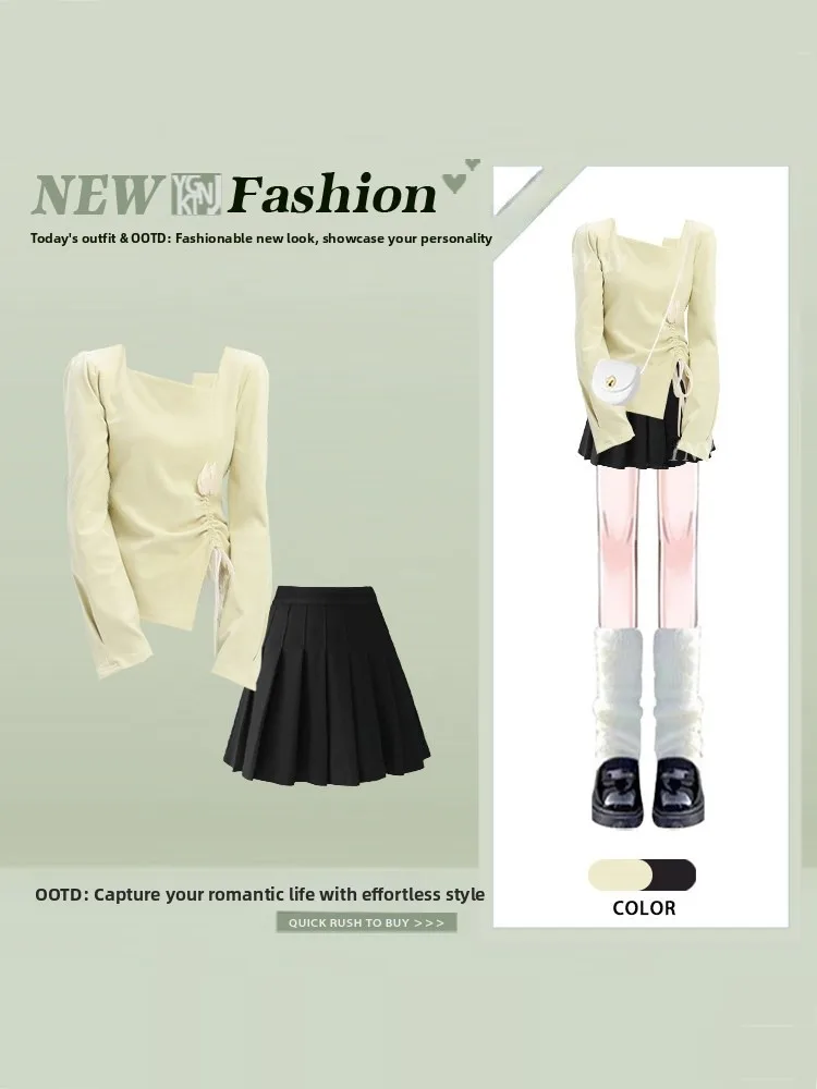 

Spring Sweet Pure Desire Green T-Shirt Top Short Flared Square Collar 3D Flower Print Skirt Set Women's Fashion Ensemble