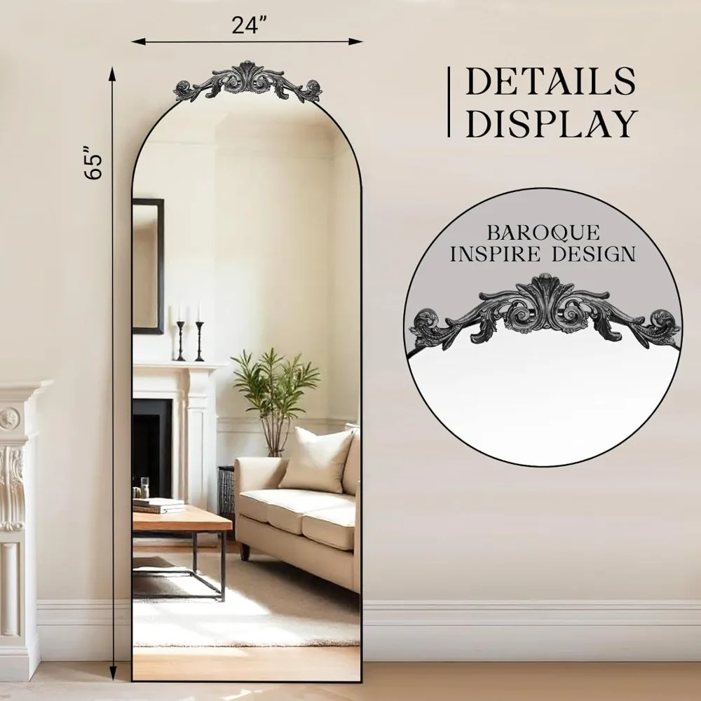 Espelho de comprimento total com arco grande estilo barroco vintage, 65x24 independente com tampo esculpido, acabamento antigo, estrutura totalmente de metal, Ful