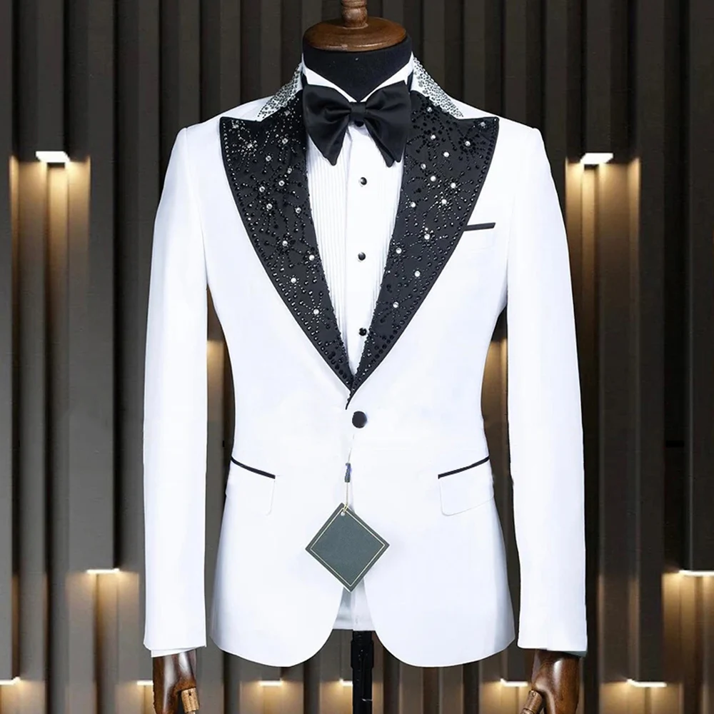 

Man White Suits Crystals Pearls Beaded Jacket Pants 2 Pieces Groom Wear Wedding Tuxedos Tailored Made Business Party Prom Blazer