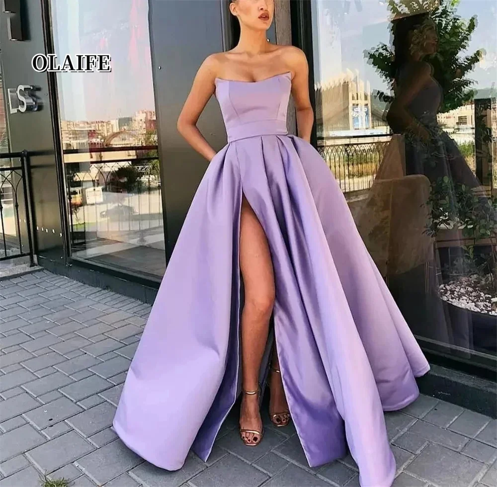 

Elegant Satin A-line Prom Dress Party Dresses Strapless High Split for Formal Evening Gown Robe De Soiree فستان سهر