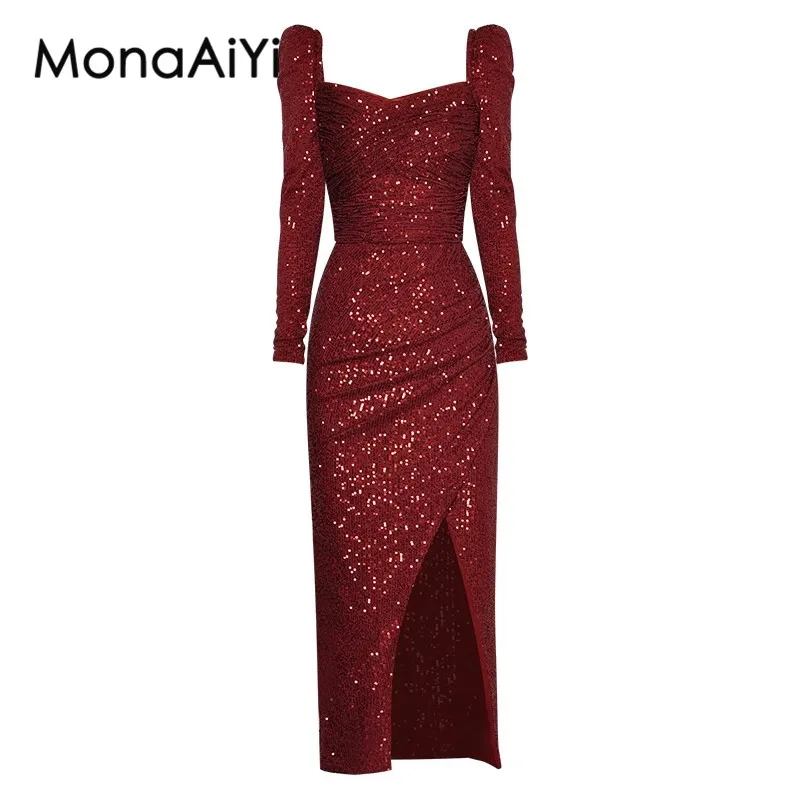 MonaAiYi Autumn New Fashion Designer Women's Square Neck Long Sleeves Backless Sequins Waist Retraction Party Dress