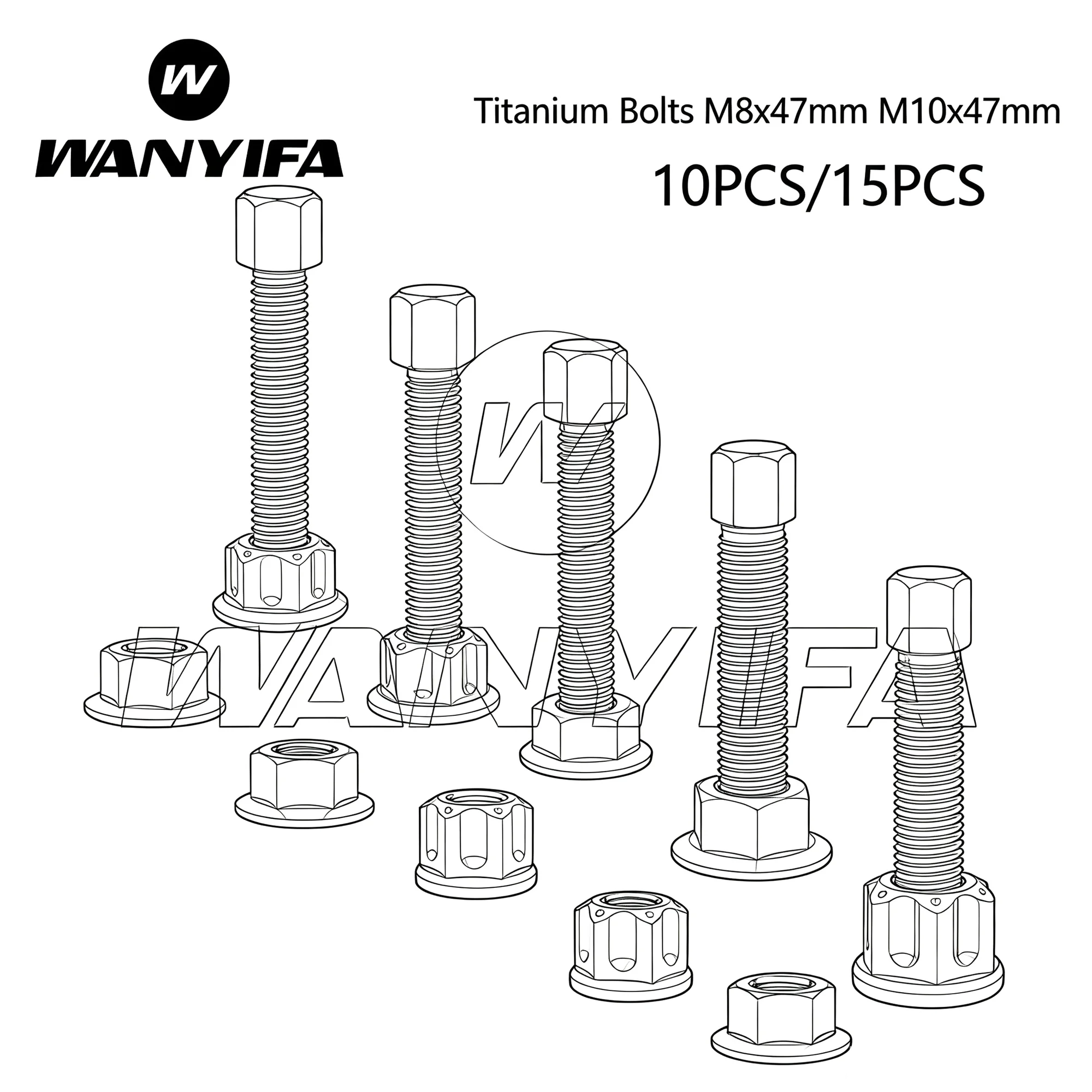 Wanyifa Titanium  Bolts  M8/M10x47 Chain Adjusting & Nut Set (1.25mm Pitch) for Motorcycle Chain Tensioner Kits 10/15pcs