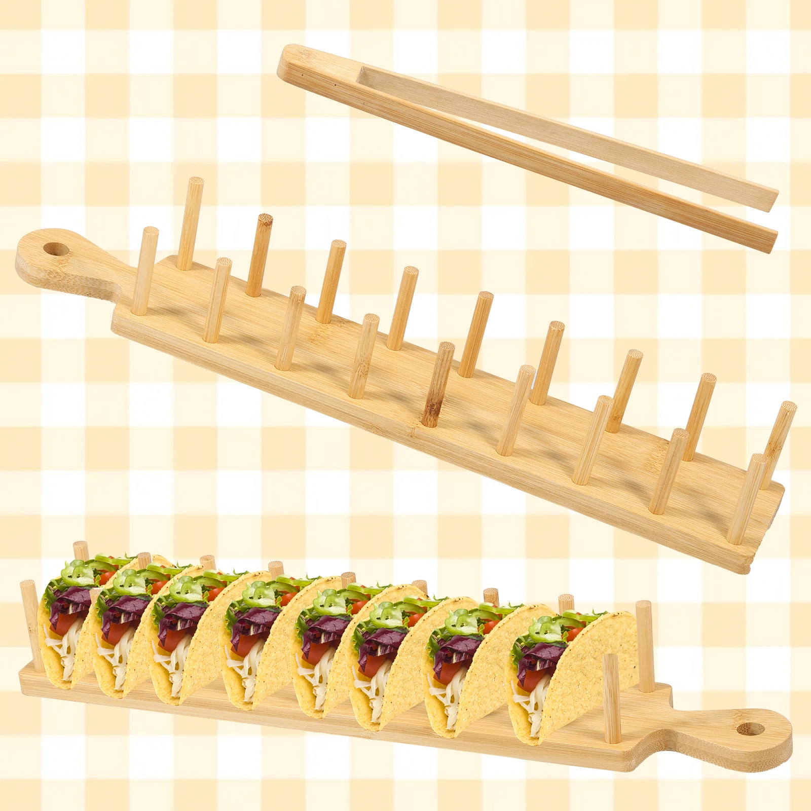 2pcs Bamboo Taco Tray with Tong Rectangular Taco Holder Holds 8 Soft or Hard Shell Tacos Large Taco Holder Stand Multipurpose