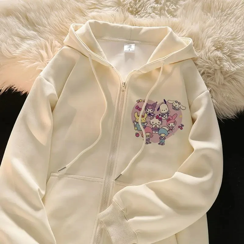 2024 New Sanrio Hello Kitty Jacket 2000s Zip Hoodie White Sweatshirt Young Women Fall Winter Kawaii Lolita Jacket Student Tops