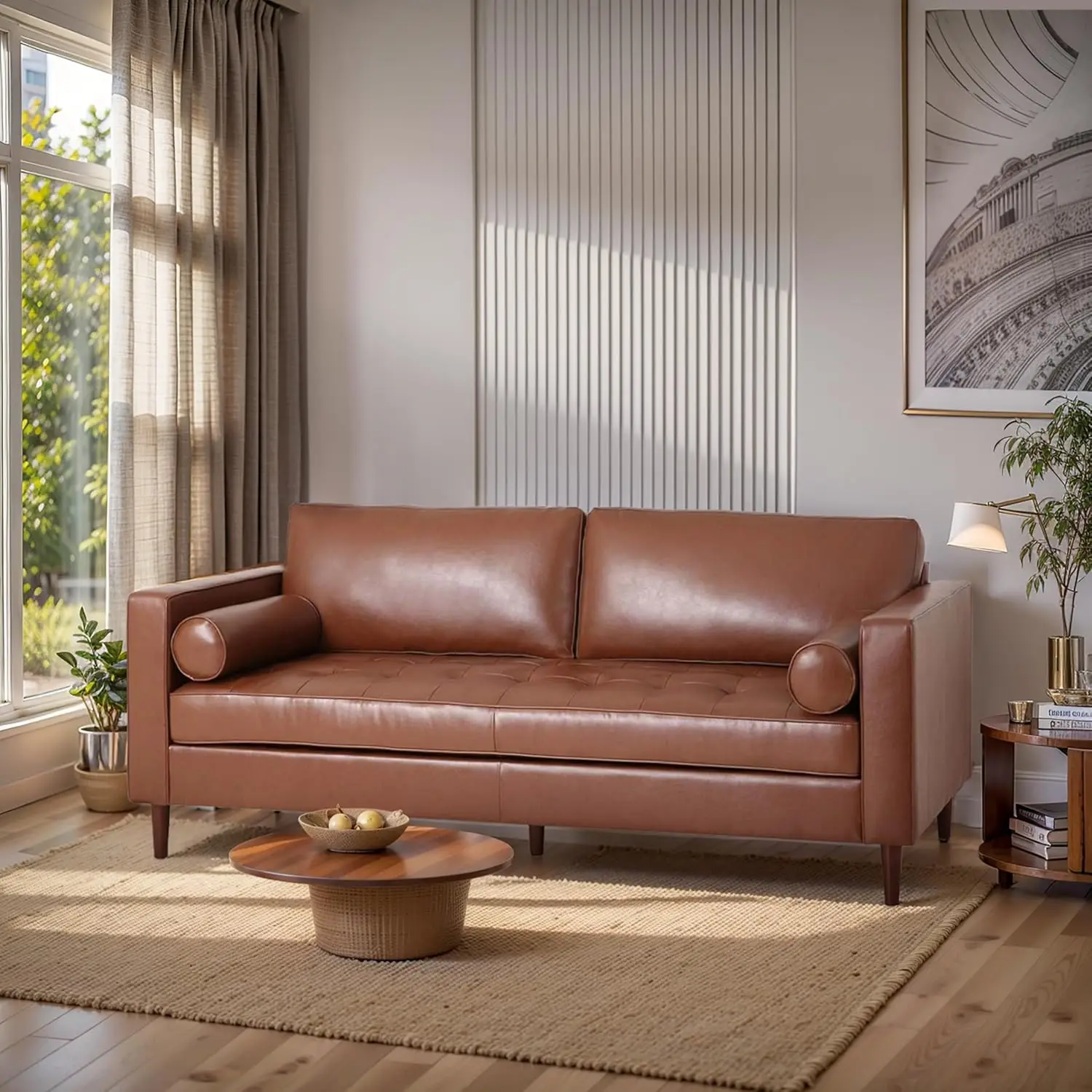 Upholstered Pu Sofa, Classic 3 Seater Leather Couch With Wooden Legs For Living Room Bedroom Office, Light Brown