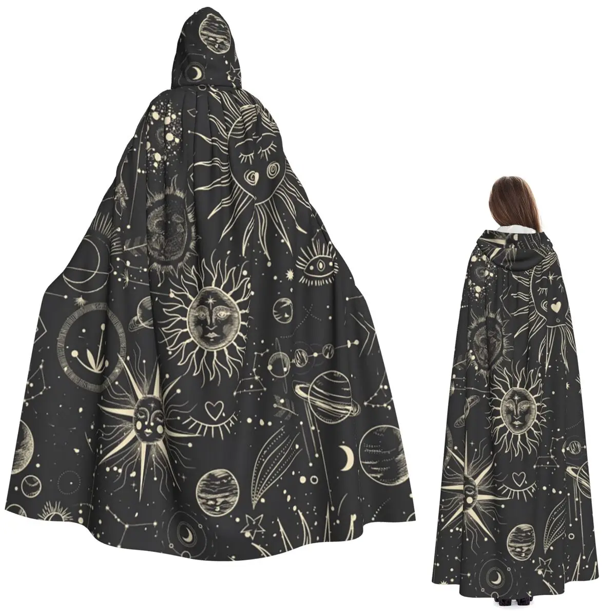 السماوية الصوفي الباطنية ماجيك الشمس القمر طويل مقنعين عباءة الساحرة القرون الوسطى زي تأثيري كيب HalloweenParty الكبار للجنسين