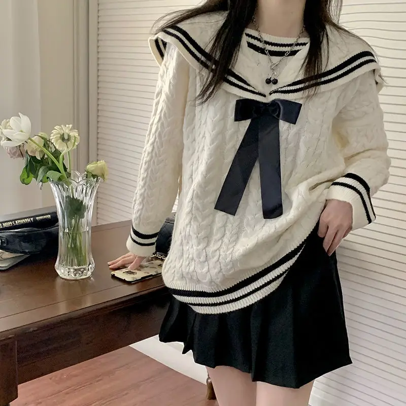 Winter New Women Sets Preppy Style Cute Sailor Collar Sweater Pleated Solid Color Short Skirt Female Vintage Knit Top Mini Skirt