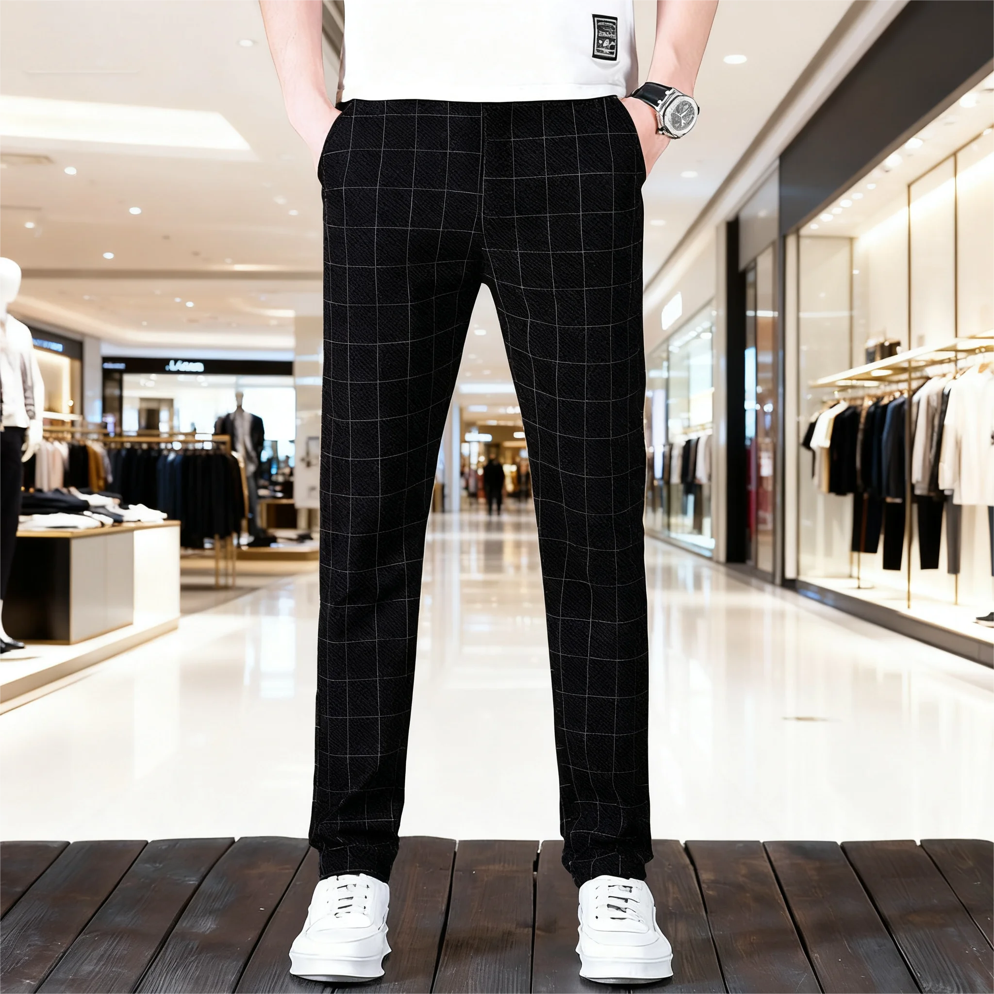 

2025Мужские повседневные брюки, эластичные облегающие брюки с эластичной резинкой на талии, корейские классические синие, черные, серые мужские брендовые брюки, большие размеры