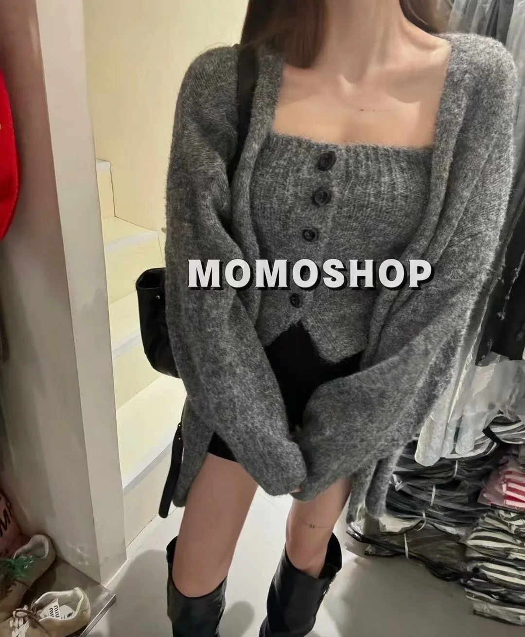 Ladies' Knitted Open Cardigan with Strap Vest Two-Piece Set Loose Style Long Sleeve V-Neck  Color Commute Fashion