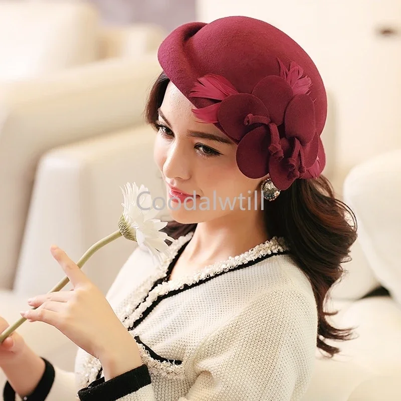 Women 100% Wool Felt Fedoras Winter Vintage Cloche Hat With Flower Up Turn Brim Bowler Pillbox Cap Party  Ladies Beret Caps