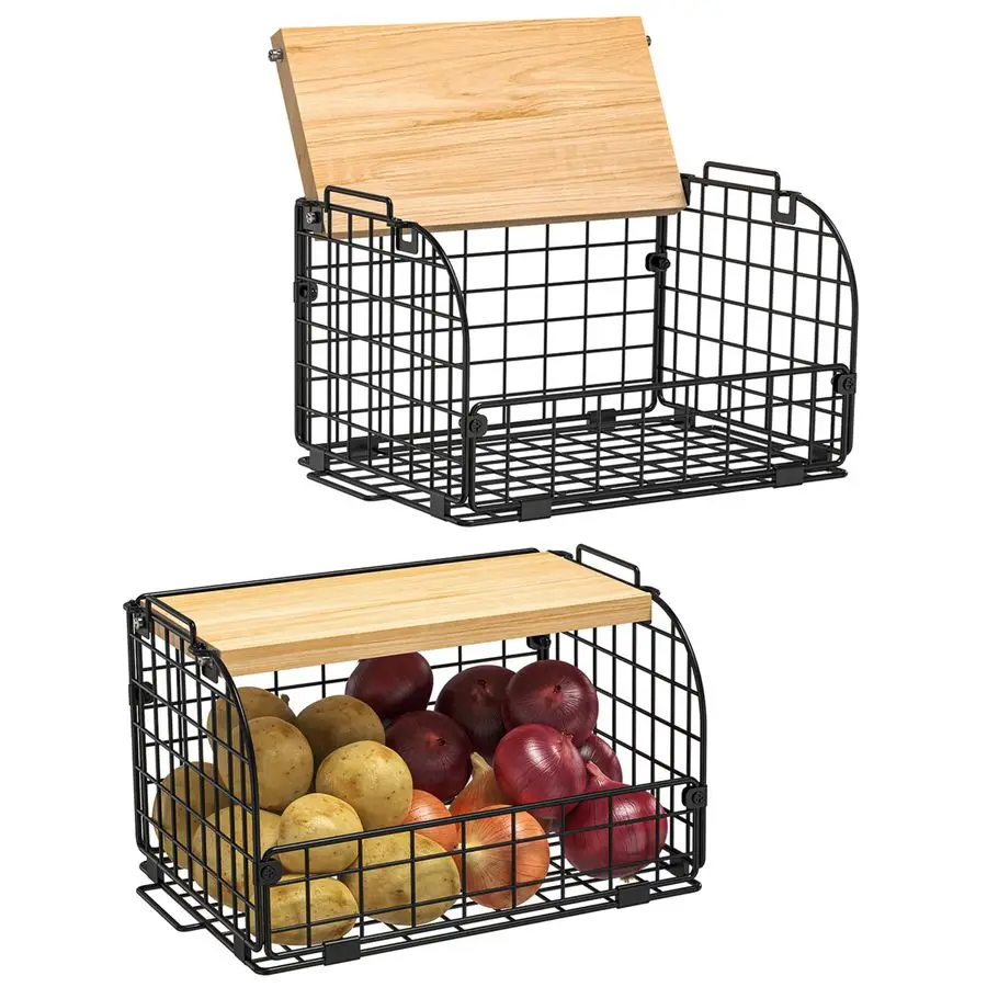 

Set Stackable Wire Basket with Openable Top, Kitchen Counter, Pantry Organizer and Storage Produce Onion Potato Fruits Vegs Brea