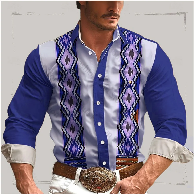 

Geometric Retro Western Men's Shirt Outdoor Street Casual Daily Spring And Summer Lapel Long Sleeve S-5XL Stretch Fabric Shirt