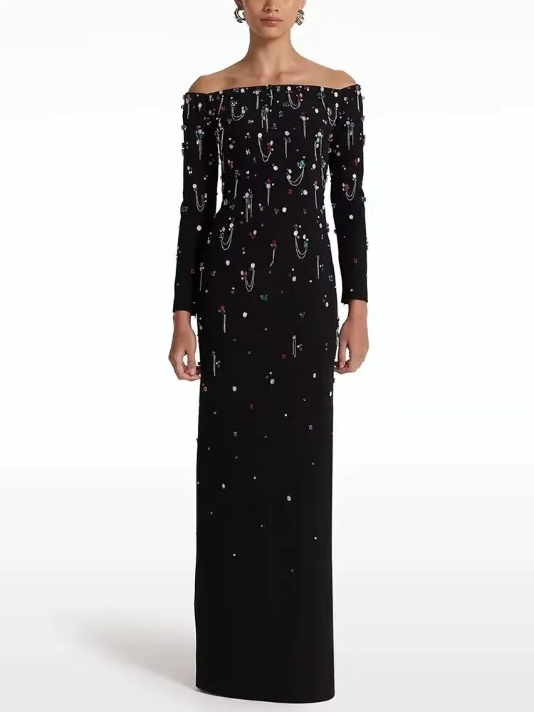 

New Arrival Said Luxury Black Arabic Evening Dress Off the Sleeves 2025 Women Wedding Guest Party Gowns with Beads Customized
