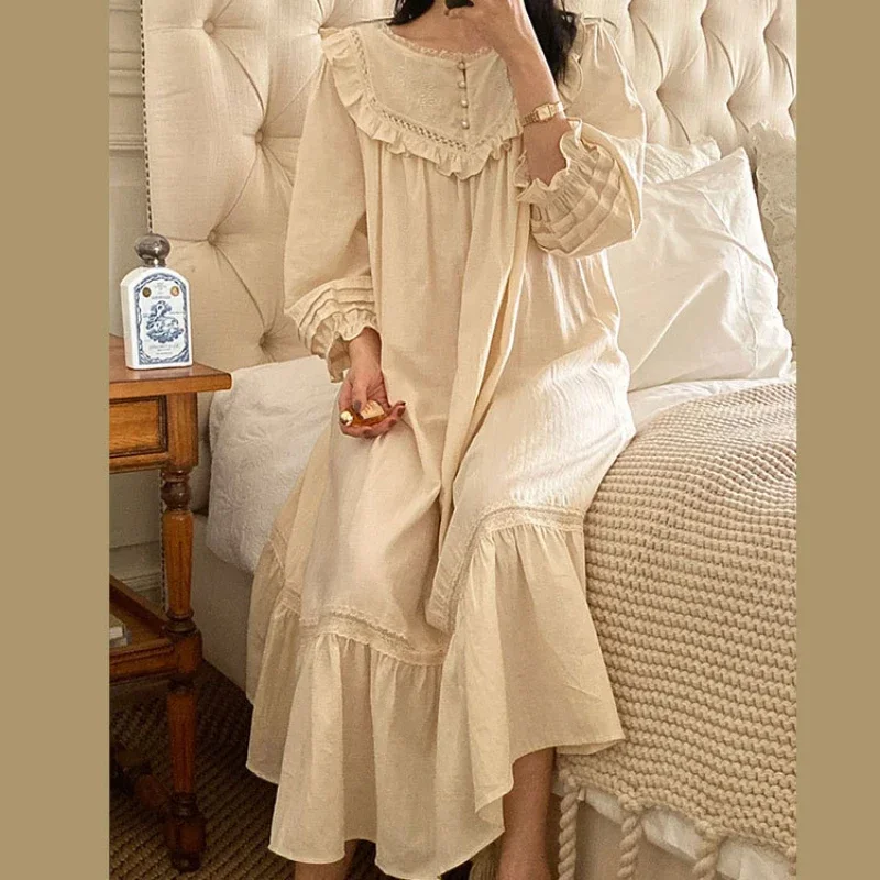 Victorian Romantic Pure Cotton Nightgowns Women Autumn Robe Nightie Long Night Dress Wear Princess Vintage Sleepwear Nightdress