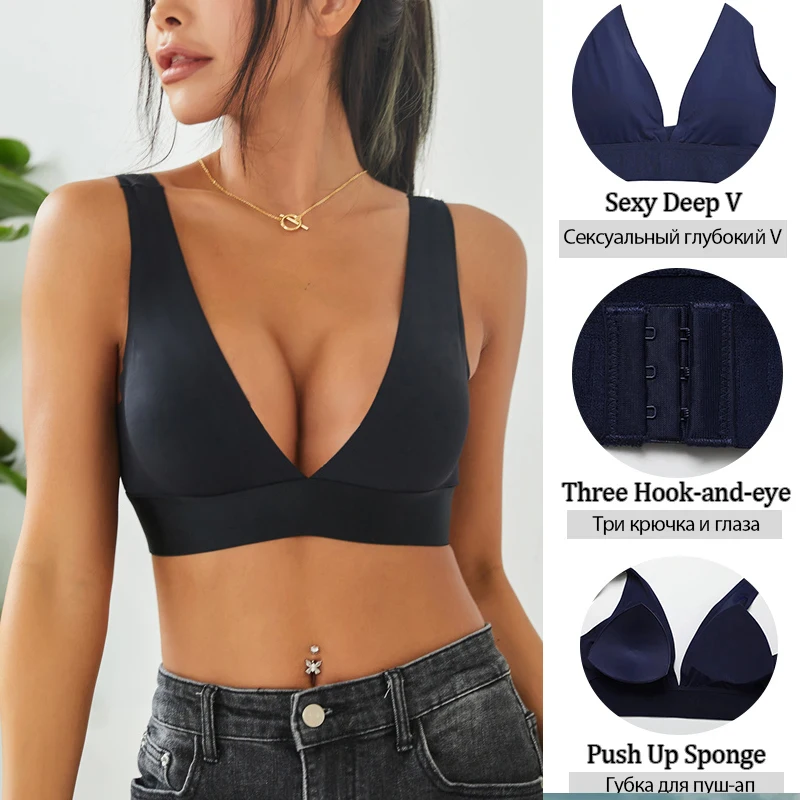 FINETOO 2pcs Deep V Seamless Bras Push Up Padded Underwear for Women Sexy Wireless Brassieres Ladies Solid Tops Crotch Lingerie