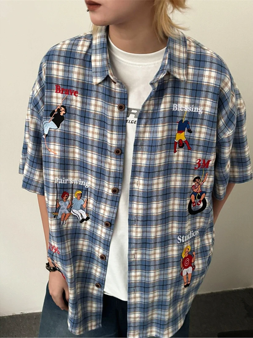 Summer Retro Cartoon Embroidery Personalized Plaid Shirts Men Women Japanese Cute Blouse Loose Oversized Short Sleeve Lapel Tops