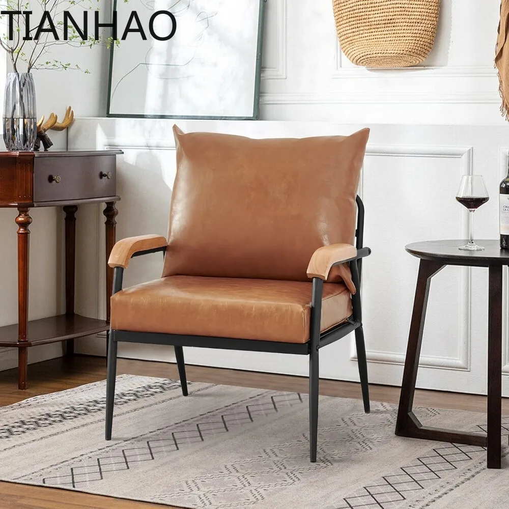Leather Single Sofa Couch, Modern Accent Chair with Solid Wood Armrest and Sturdy Metal Frame
