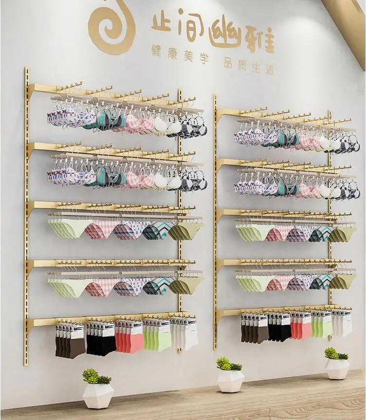 Lingerie store adjustable shelf display stand stainless steel bra panty socks rack wall hook underwear rack