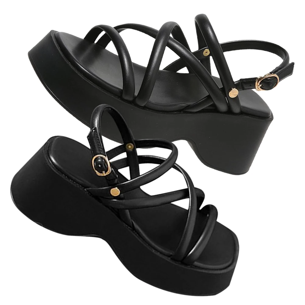 

Black Wedge Sandals Women Summer Casual Thick Sole Platform Shoes Size 35 Comfort Breathable Durable Beach Travel Everyday Use