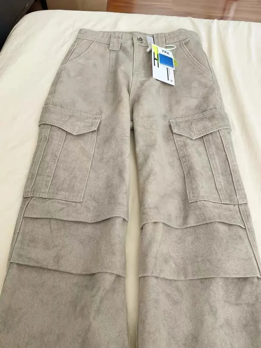 Salopette da paracadutisti plissettata retrò americana jeans dal design autunnale da donna, sensazione ampia e sottile, gambe larghe e pantaloni lunghi.