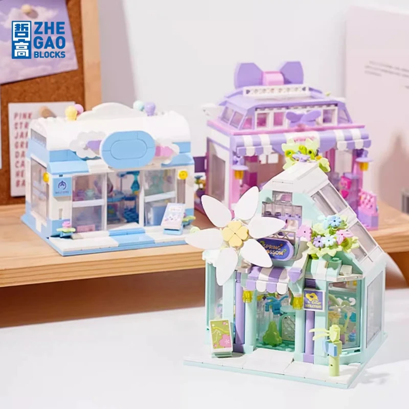 

ZHEGAO Huafang Street Scene Building Blocks Assembled Children's Toy Small Particle Kawaii Architectural Model Birthday Gift