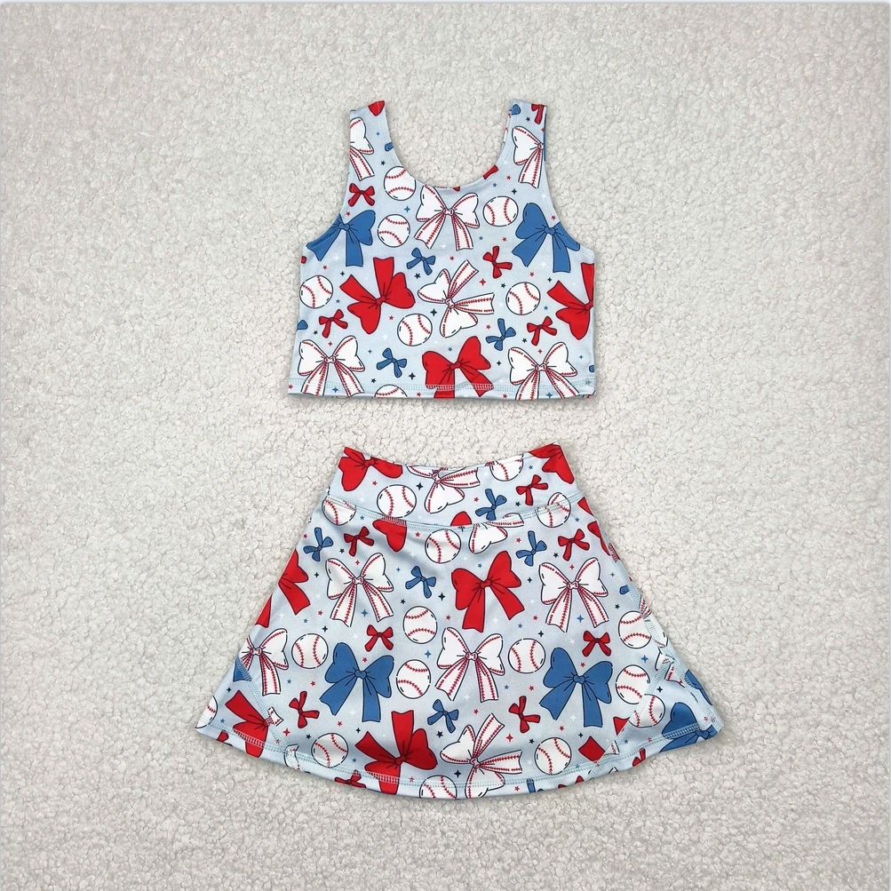 

Hot Sale Swimsuits 4th Of July Bows Baseball Active Wear Athletic Dresses Boutique Kids Designer Clothes Girls Dress Short Set
