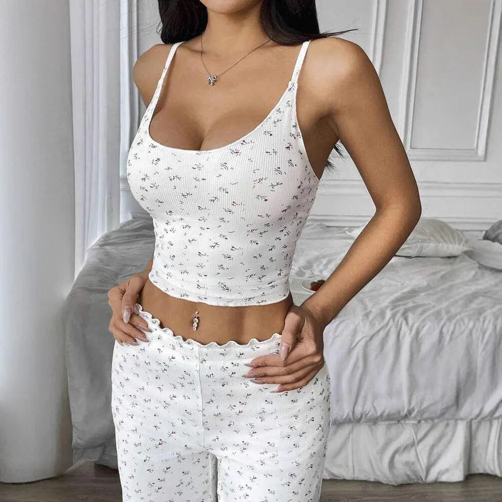 2025 Amazon Cross-border TK Set, Small Floral Vest Plus Wide-leg Trousers, Casual Home Two-piece Set For Women