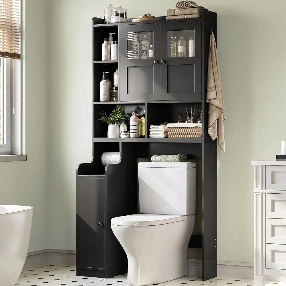 

Over The Toilet Storage Cabinet, Over Toilet Bathroom Organizer with Glass Doors & Toilet Paper Holder Stand, Home Space-Saving