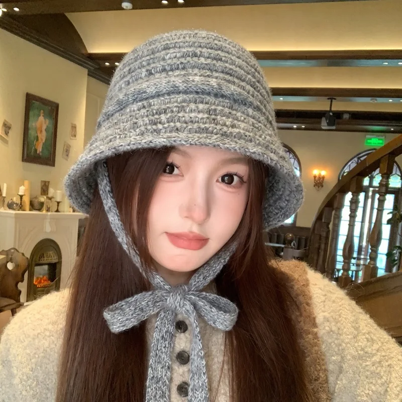 Knitted Bucket Hat Women Winter Warm Fisherman Hat Ear Tie Bow Crochet Solid Color Autumn Casual Outdoor Cap
