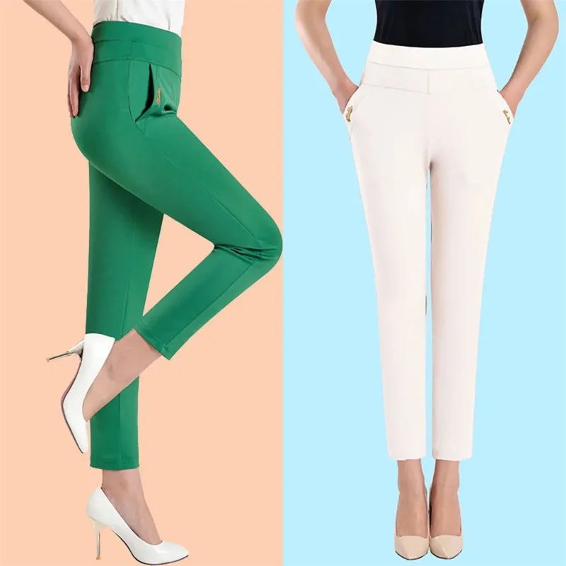 

Nine-Point Casual Pants Women 2024 Summer New Fashion Elastic Straight Trousers Middle-Aged Elderly Female With High Waist Pants