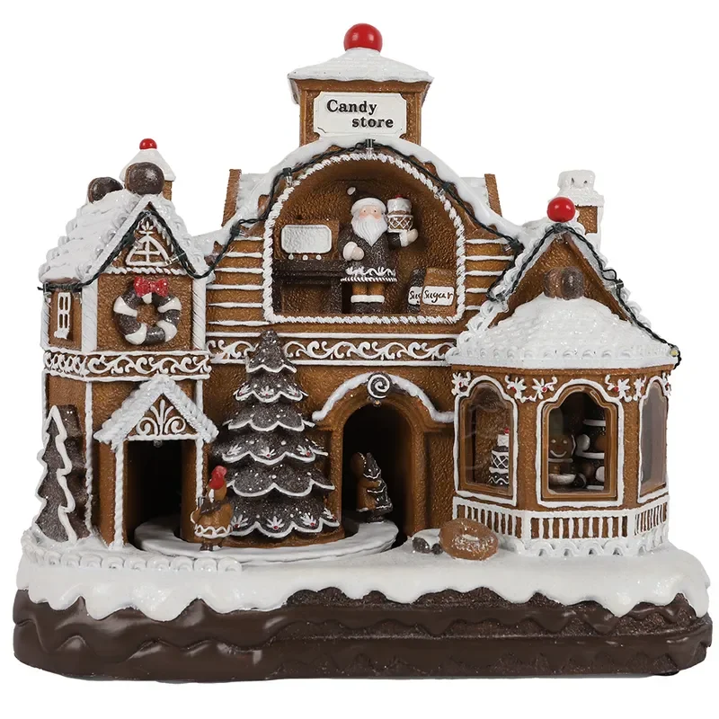 Christmas Gingerbread House Glowing Candy Resin Train Music Box Rotating Ornament Decorative Light Room Christmas Eve Gift