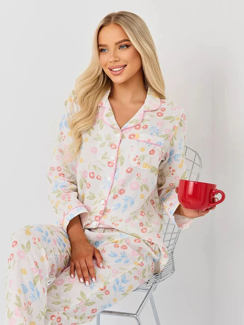 Marthaqiqi Printing Ladies Nightwear Set Turn-Down Collar Nightgown Long Sleeve Pajama Pants Casual Women Sleepwear 2 Piece Suit