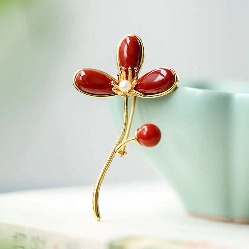 Inspiration Inlaid Southern Red Tourmaline Clover Pearl Brooch Women's Delicate Charm Jewelry Anniversary Jewelry