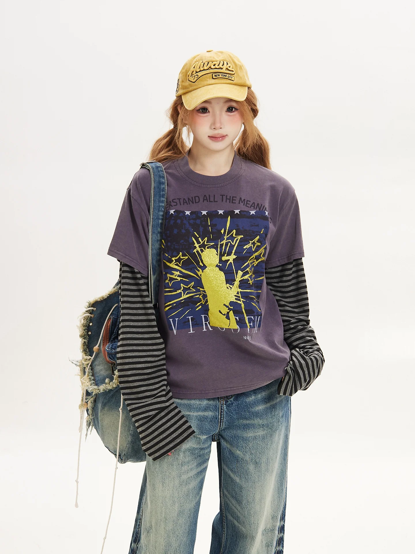 Long Sleeve T-Shirt Women Casual Print Splicing Korean Loose Style Spring Autumn Ant Streetwear round Neck Pullover Top
