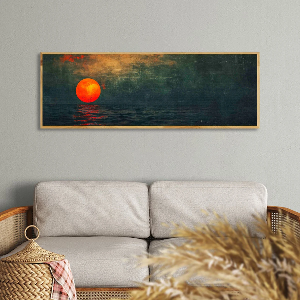 Sunset Over Emerald Green Ocean Horizontal Canvas Prints Poster Retro Abstract Art Style for Living Room Home Decor Poster Gifts