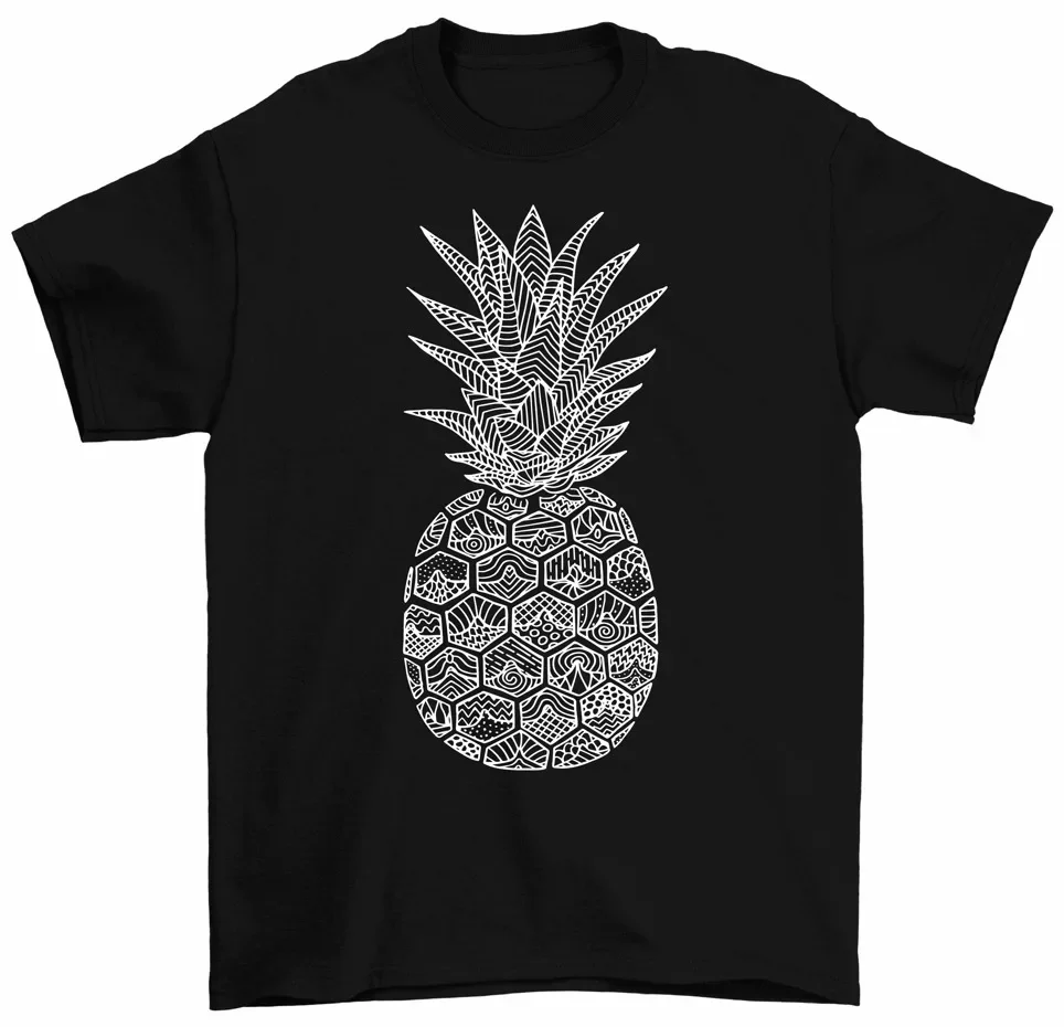 Intricate White Pineapple Outline Black Graphic T-Shirt Cool Tropical Fruit Tees High Quality 100%Cotton Short Sleeve