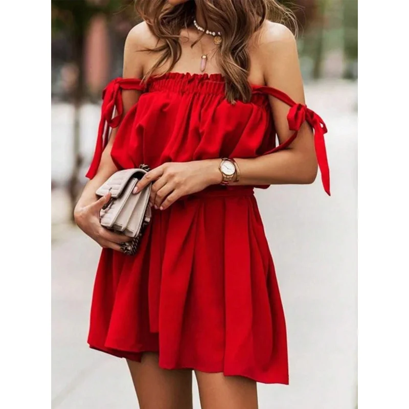 YQ1-فستان نسائي مثير بدون أكتاف بدون أكمام ربيع جديد عالي الخصر مكشكش فستان بحزام #3