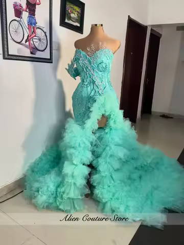 Glitter Turquoise Green African Prom Party Dress Slit Diamonds Crystal Beaded Puffy Ruffle Evening Dress Party Gown Customize