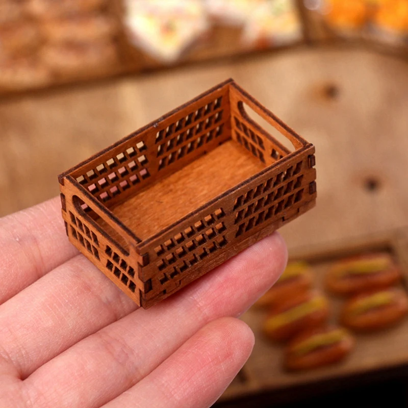 Plaything Miniature Wooden Bread Rack Cake Shelf Storage Box/Basket With Decor Accessories